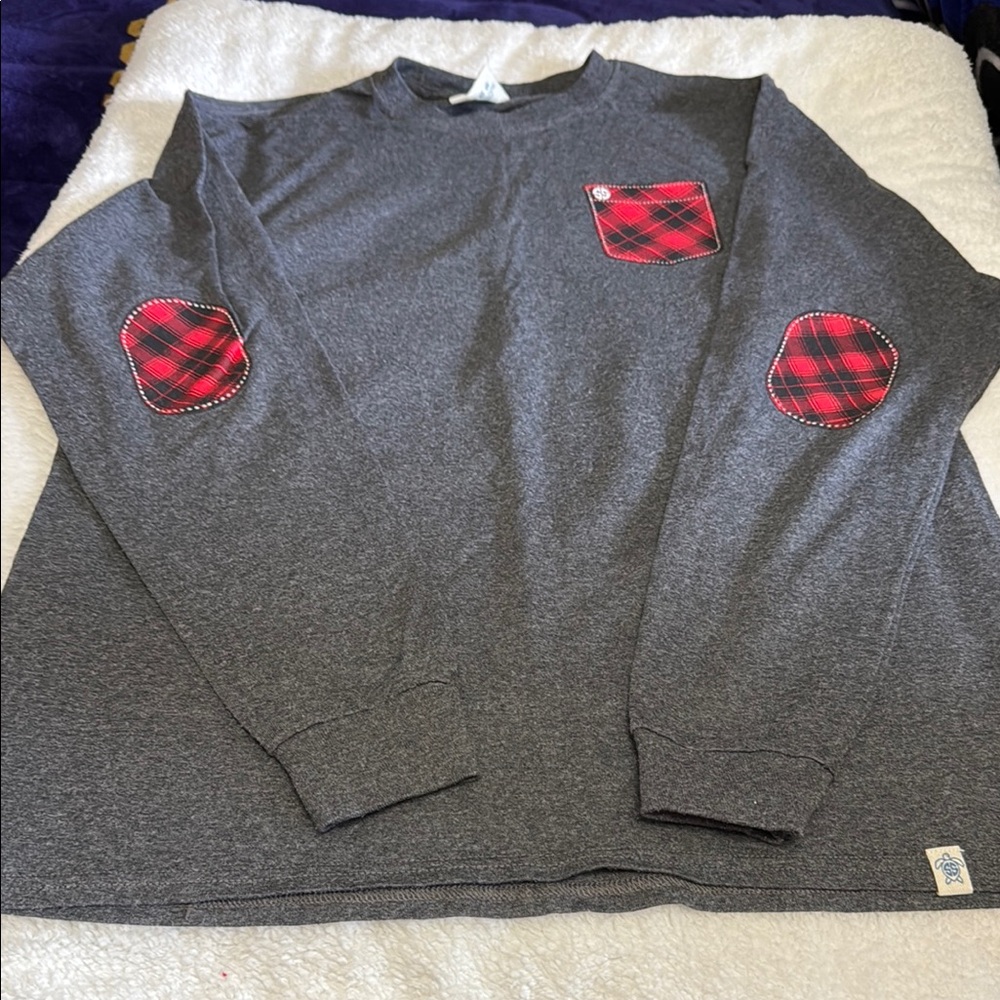 Gray Long Sleeve Shirt with Red Plaid Accents